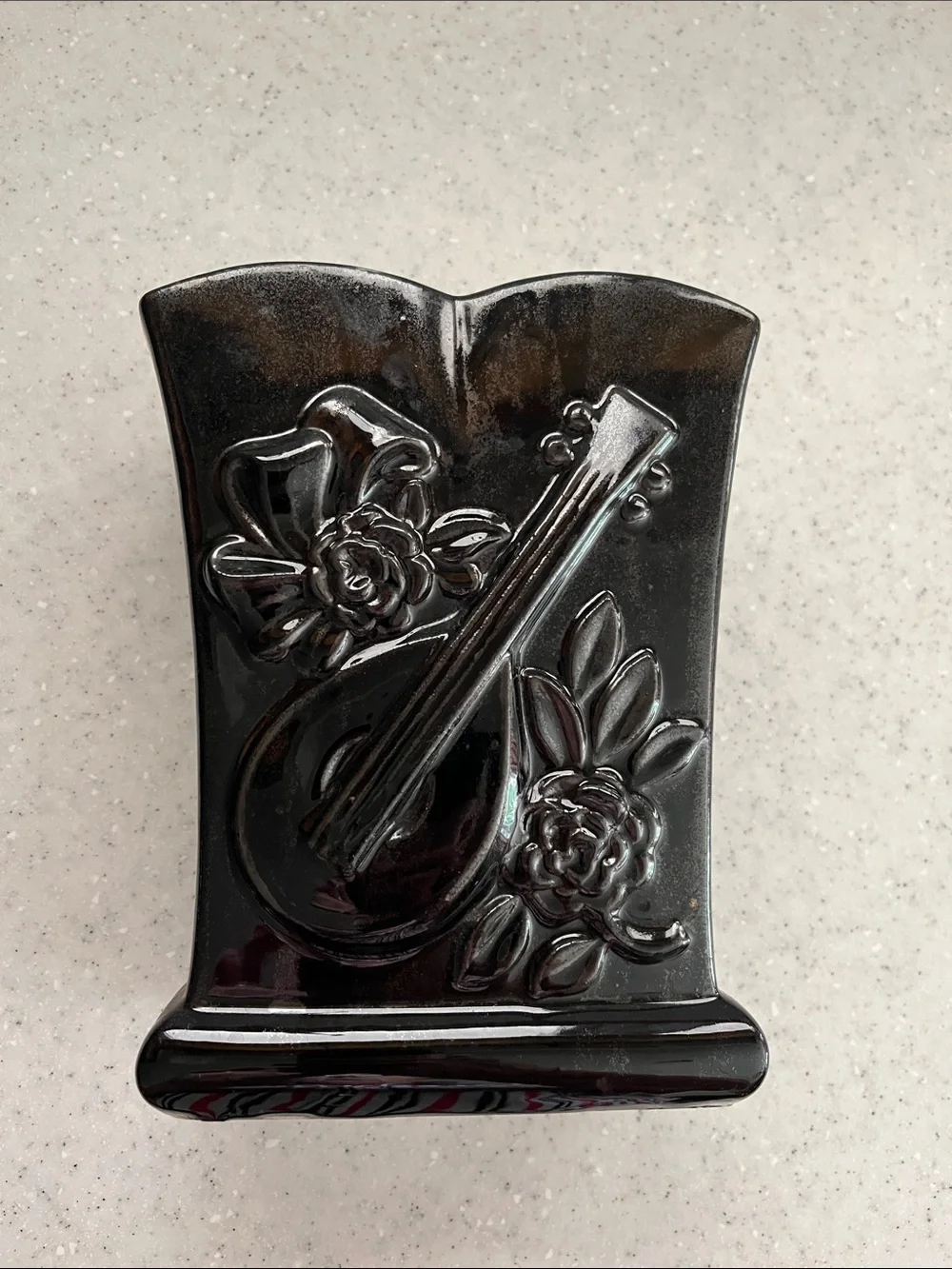 Vtg USA Art Pottery 216 BLACK Planter Vase Raised Mandolin & Roses Floral *READ*